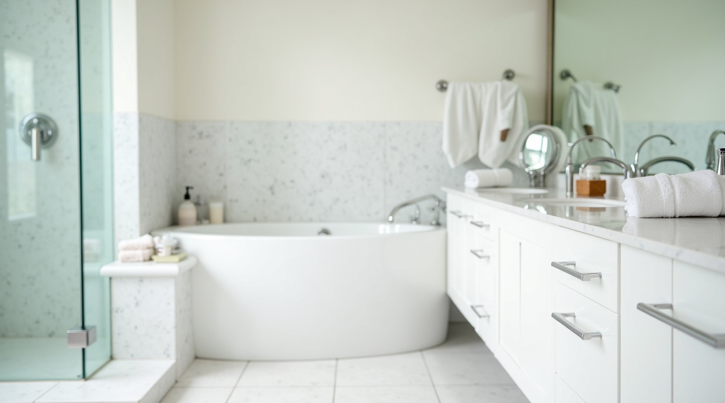 Sparkling clean modern bathroom with glass shower and vanity